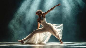 Dynamic dance performance in theater. Artistic performance in theater ambiance. Modern dance photo