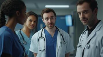 Medical professionals in healthcare setting. Diverse group of doctors in scrubs photo