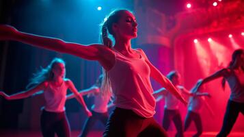 Dynamic dance performance in theater. Artistic performance in theater ambiance. Modern dance photo