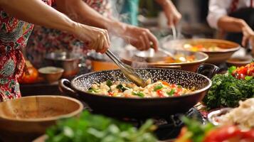 Cultural cooking class showcasing traditional cuisine. Culinary Cooking Class Diverse Dishes photo