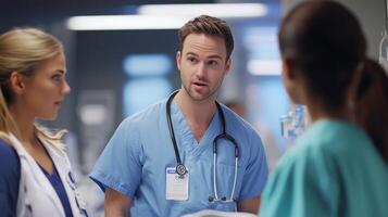 Medical professionals in healthcare setting. Diverse group of doctors in scrubs photo