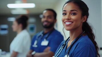 Medical professionals in healthcare setting. Diverse group of doctors in scrubs photo
