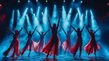 Dynamic dance performance in theater. Artistic performance in theater ambiance. Modern dance photo