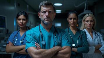 Medical professionals in healthcare setting. Diverse group of doctors in scrubs photo