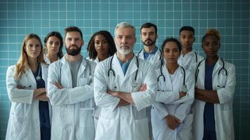 Medical professionals in healthcare setting. Diverse group of doctors in scrubs photo