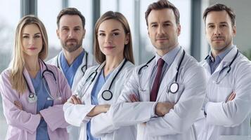 Medical professionals in healthcare setting. Diverse group of doctors in scrubs photo
