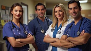 Medical professionals in healthcare setting. Diverse group of doctors in scrubs photo