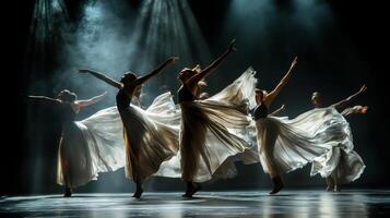 Dynamic dance performance in theater. Artistic performance in theater ambiance. Modern dance photo
