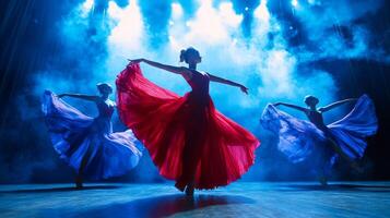 Dynamic dance performance in theater. Artistic performance in theater ambiance. Modern dance photo