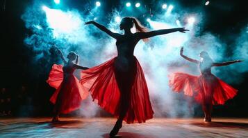 Dynamic dance performance in theater. Artistic performance in theater ambiance. Modern dance photo