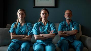 Medical professionals in healthcare setting. Diverse group of doctors in scrubs photo