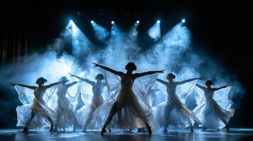 Dynamic dance performance in theater. Artistic performance in theater ambiance. Modern dance photo