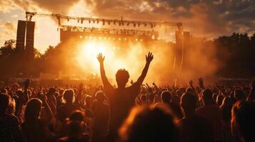 Silhouette of a crowd cheering at a large outdoor festival photo