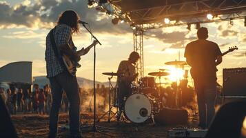 Musicians perform at Open Air Music Festival, man playing guitar with friends live music event photo