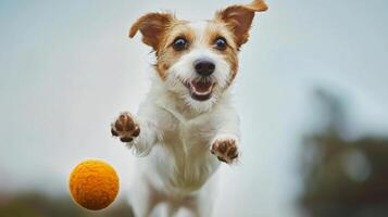 Playful pet dog puppy engaging in funny activities playing with toy photo