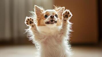 Playful pet dog puppy engaging in funny activities photo