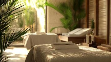 Luxury Spa Massage Room Interior. Relaxing spa environments promoting wellness photo
