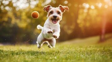 Playful pet dog puppy engaging in funny activities playing with toy photo