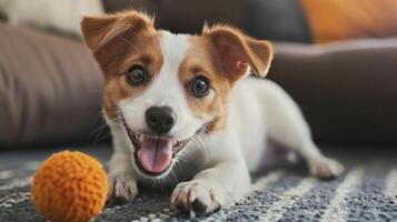 Playful pet dog puppy engaging in funny activities playing with toy photo