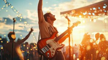 Musicians perform at Open Air Music Festival, man playing guitar with friends live music event photo