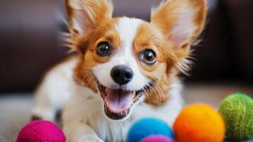Playful pet dog puppy engaging in funny activities playing with toys photo