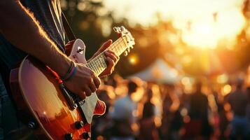 Musicians perform at Open Air Music Festival, man playing guitar with friends live music event photo