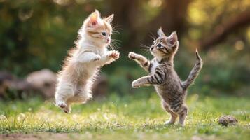 Playful pet cat kitty engaging in funny activities playing together photo