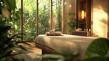 Luxury Spa Massage Room Interior. Relaxing spa environments promoting wellness photo