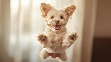 Playful pet dog puppy engaging in funny activities photo
