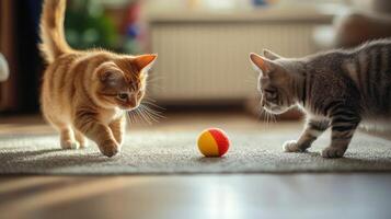 Playful pets cats kitty engaging in funny activities playing with toy photo
