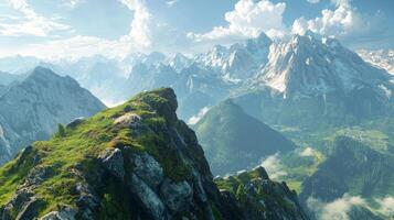 A panoramic view from the highest peak. Scenic views on mountain peaks photo