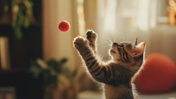 Playful pet cat kitty engaging in funny activities playing with toy photo