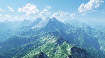 A panoramic view from the highest peak. Scenic views on mountain peaks photo