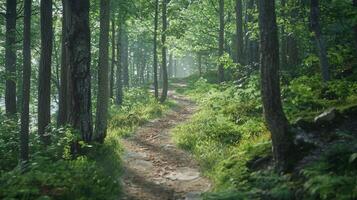 Nature trail and hiking path in forest. Forest scene with hiking path, straight trail through forest photo
