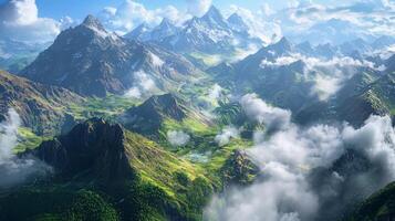 A panoramic view from the highest peak. Scenic views on mountain peaks photo