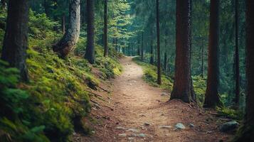 Nature trail and hiking path in forest. Forest scene with hiking path, straight trail through forest photo