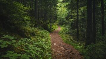 Nature trail and hiking path in forest. Forest scene with hiking path, straight trail through forest photo