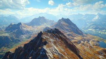 A panoramic view from the highest peak. Scenic views on mountain peaks photo