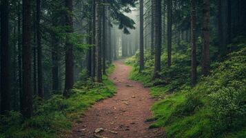 Nature trail and hiking path in forest. Forest scene with hiking path, straight trail through forest photo