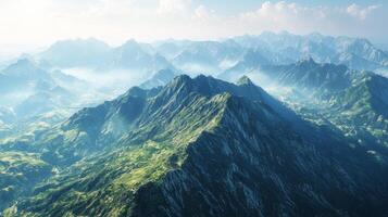 A panoramic view from the highest peak. Scenic views on mountain peaks photo