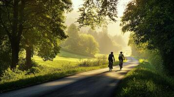 Cyclist riding through scenic countryside path. Scenic cycling route through countryside landscape photo