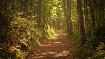 Nature trail and hiking path in forest. Forest scene with hiking path, straight trail through forest photo