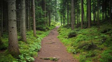 Nature trail and hiking path in forest. Forest scene with hiking path, straight trail through forest photo