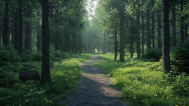 Nature trail and hiking path in forest. Forest scene with hiking path, straight trail through forest photo