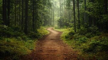 Nature trail and hiking path in forest. Forest scene with hiking path, straight trail through forest photo