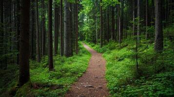 Nature trail and hiking path in forest. Forest scene with hiking path, straight trail through forest photo