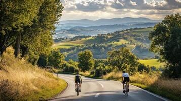 Cyclist riding through scenic countryside path. Scenic cycling route through countryside landscape photo