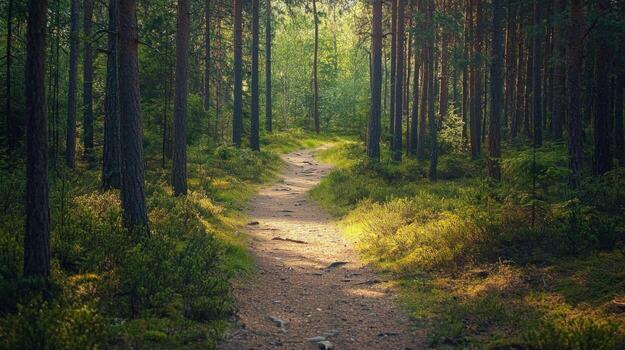 Nature trail and hiking path in forest. Forest scene with hiking path, straight trail through forest photo