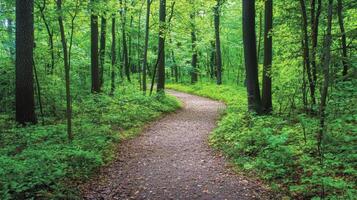 Nature trail and hiking path in forest. Forest scene with hiking path, straight trail through forest photo