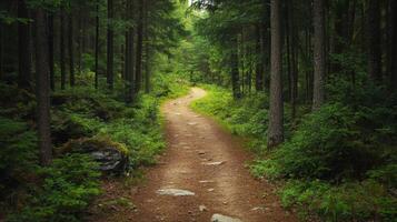 Nature trail and hiking path in forest. Forest scene with hiking path, straight trail through forest photo